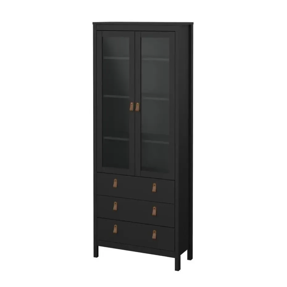 Hioshop Madrid vitrinekast 2 glazen deuren 3 laden zwart mat