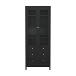 Hioshop Madrid vitrinekast 2 glazen deuren 3 laden zwart mat