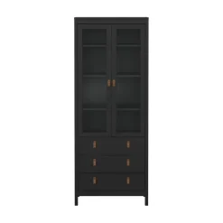Hioshop Madrid vitrinekast 2 glazen deuren 3 laden zwart mat
