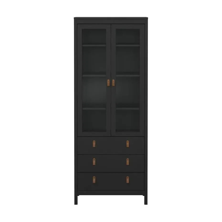 Hioshop Madrid vitrinekast 2 glazen deuren 3 laden zwart mat