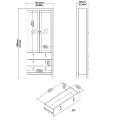 Hioshop Madrid vitrinekast 2 glazen deuren 3 laden wit