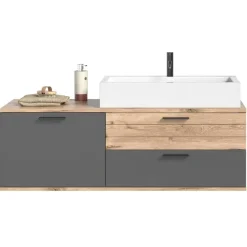 Hioshop Mason wastafel 140cm 1 deur- 2 laden grijs-eik decor
