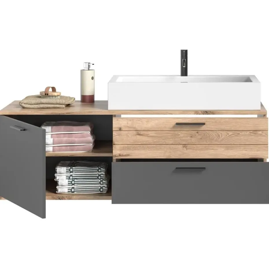 Hioshop Mason wastafel 140cm 1 deur- 2 laden grijs-eik decor