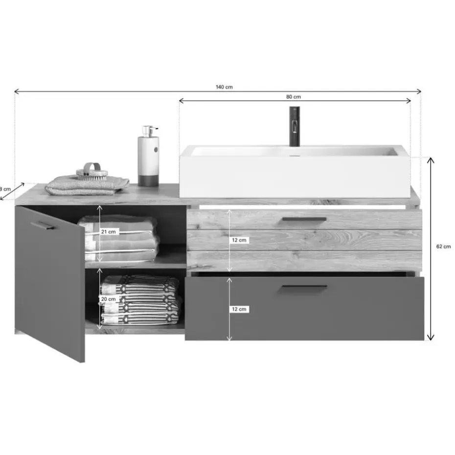 Hioshop Mason wastafel 140cm 1 deur- 2 laden grijs-eik decor