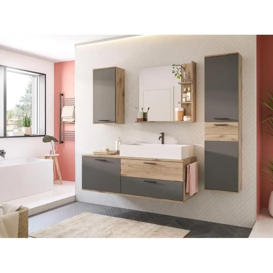 Hioshop Mason wastafel 140cm 1 deur- 2 laden grijs-eik decor