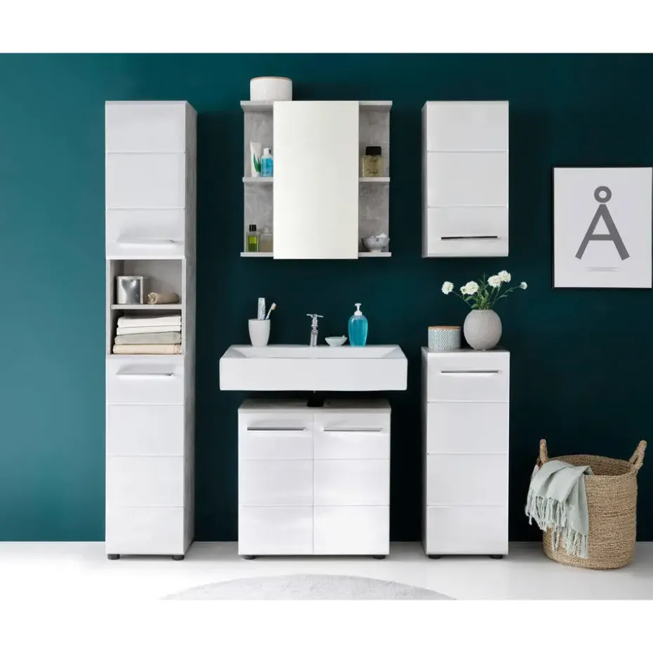 Hioshop NanoBad badkamerkast 1 deur- 1 legplank betonsteen decor- wit