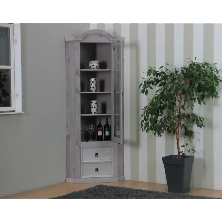 Hioshop New Mexico hoekkast hoekvitrine grijs grenen