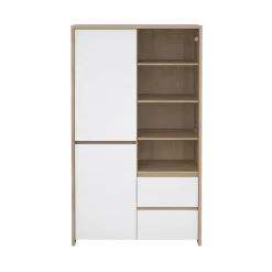 Hioshop Next vitrinekast 3 deuren- 2 lades- 1 plank eiken decor- wit hoogglans