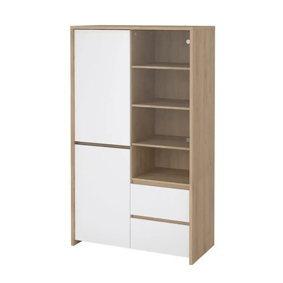 Hioshop Next vitrinekast 3 deuren- 2 lades- 1 plank eiken decor- wit hoogglans
