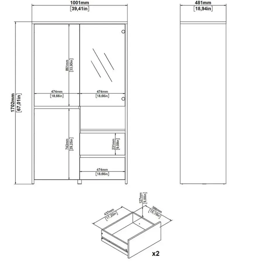 Hioshop Next vitrinekast 3 deuren- 2 lades- 1 plank eiken decor- wit hoogglans
