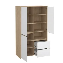 Hioshop Next vitrinekast 3 deuren- 2 lades- 1 plank eiken decor- wit hoogglans