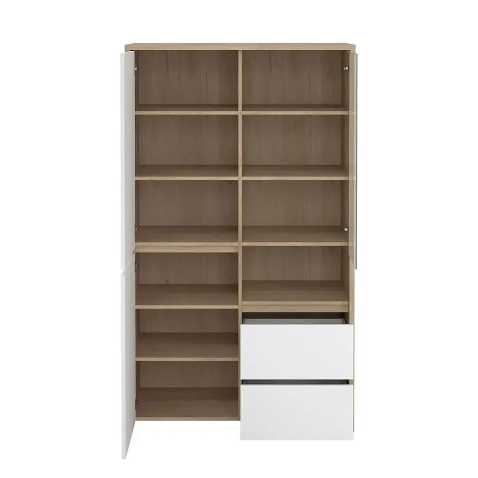 Hioshop Next vitrinekast 3 deuren- 2 lades- 1 plank eiken decor- wit hoogglans
