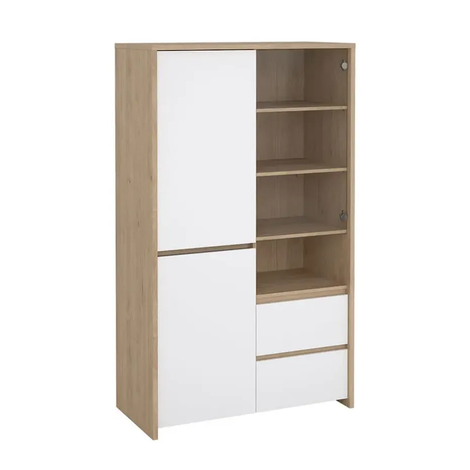 Hioshop Next vitrinekast 3 deuren- 2 lades- 1 plank eiken decor- wit hoogglans