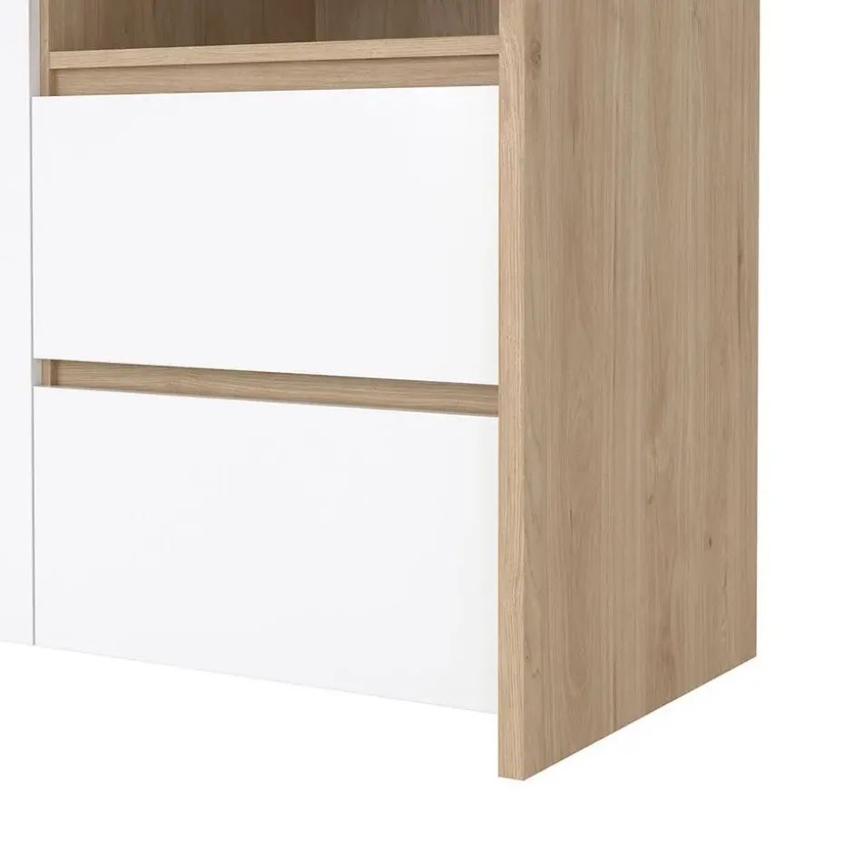 Hioshop Next vitrinekast 3 deuren- 2 lades- 1 plank eiken decor- wit hoogglans