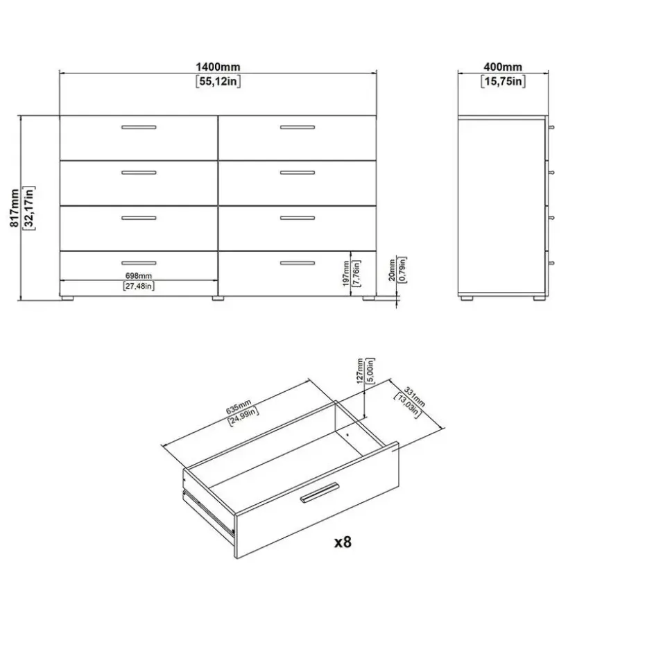 Hioshop Pepe kommode 8 lades zwarte structuur