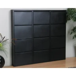 Hioshop Pisa schoenenkast zwart metaal met 4 vakken - set van 3