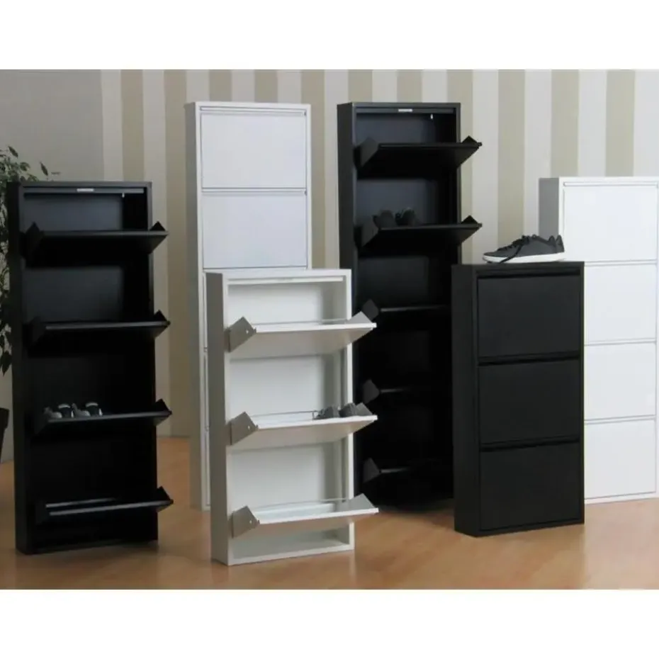 Hioshop Pisa schoenenkast zwart metaal met 4 vakken - set van 3