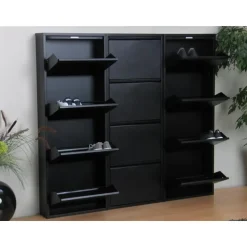 Hioshop Pisa schoenenkast zwart metaal met 4 vakken - set van 3