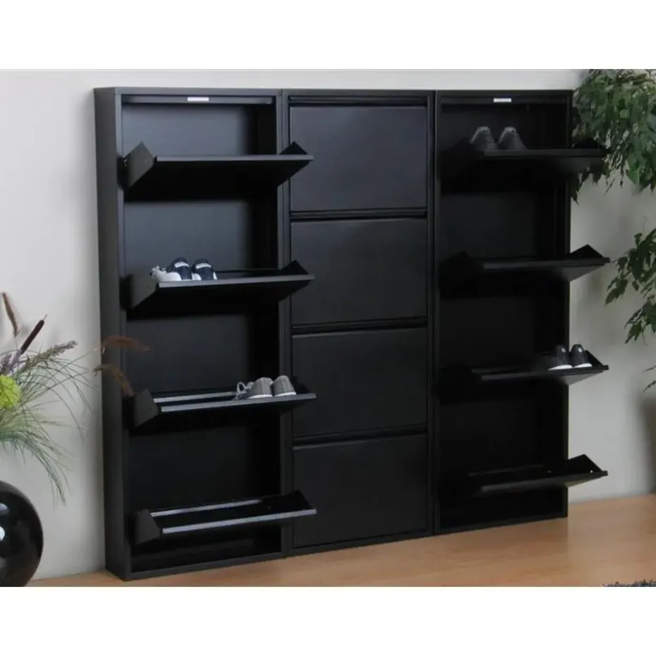 Hioshop Pisa schoenenkast zwart metaal met 4 vakken - set van 3