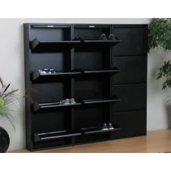 Hioshop Pisa schoenenkast zwart metaal met 4 vakken - set van 3