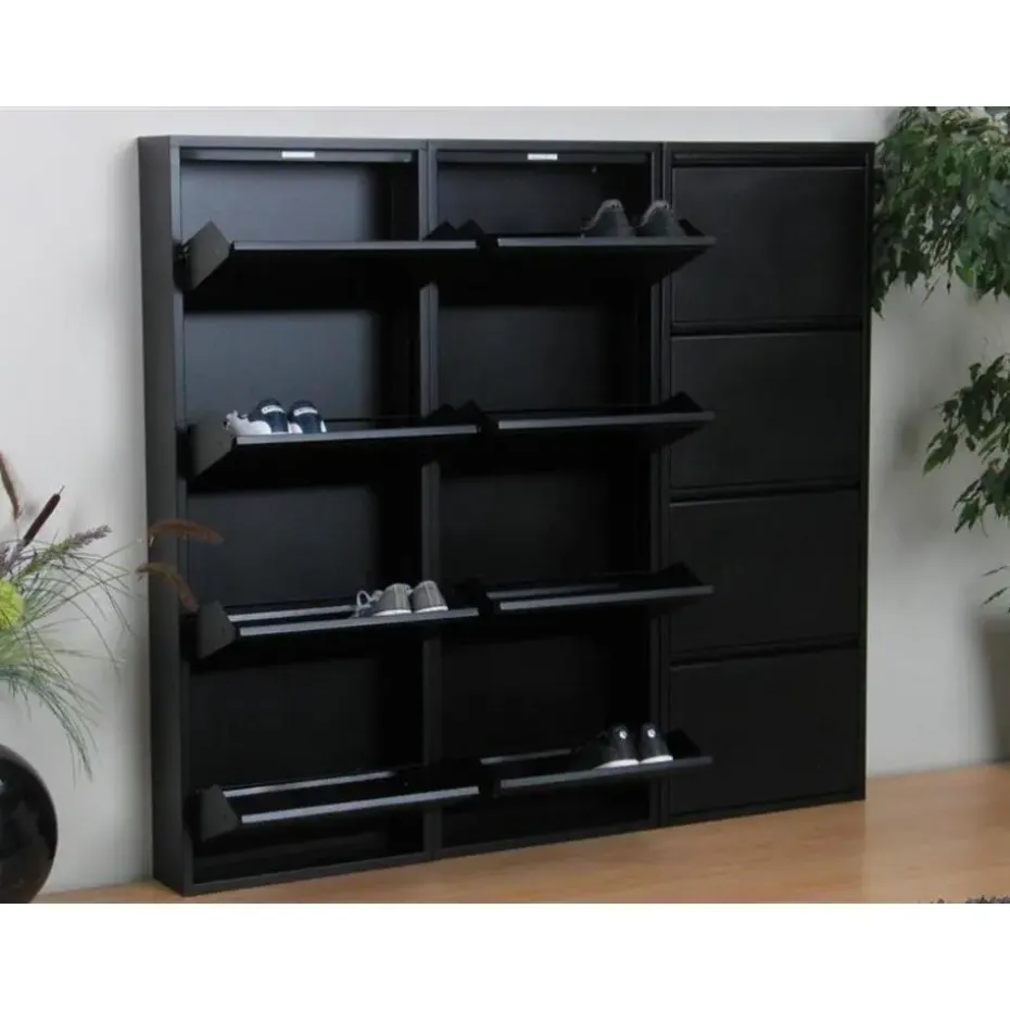 Hioshop Pisa schoenenkast zwart metaal met 4 vakken - set van 3