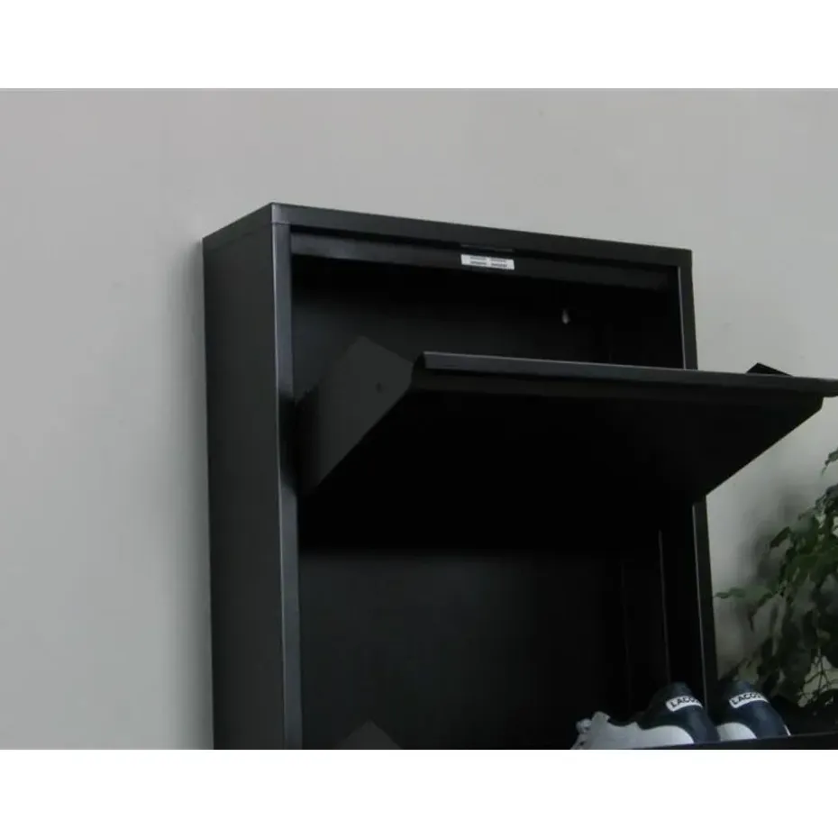 Hioshop Pisa schoenenkast zwart metaal met 4 vakken - set van 3