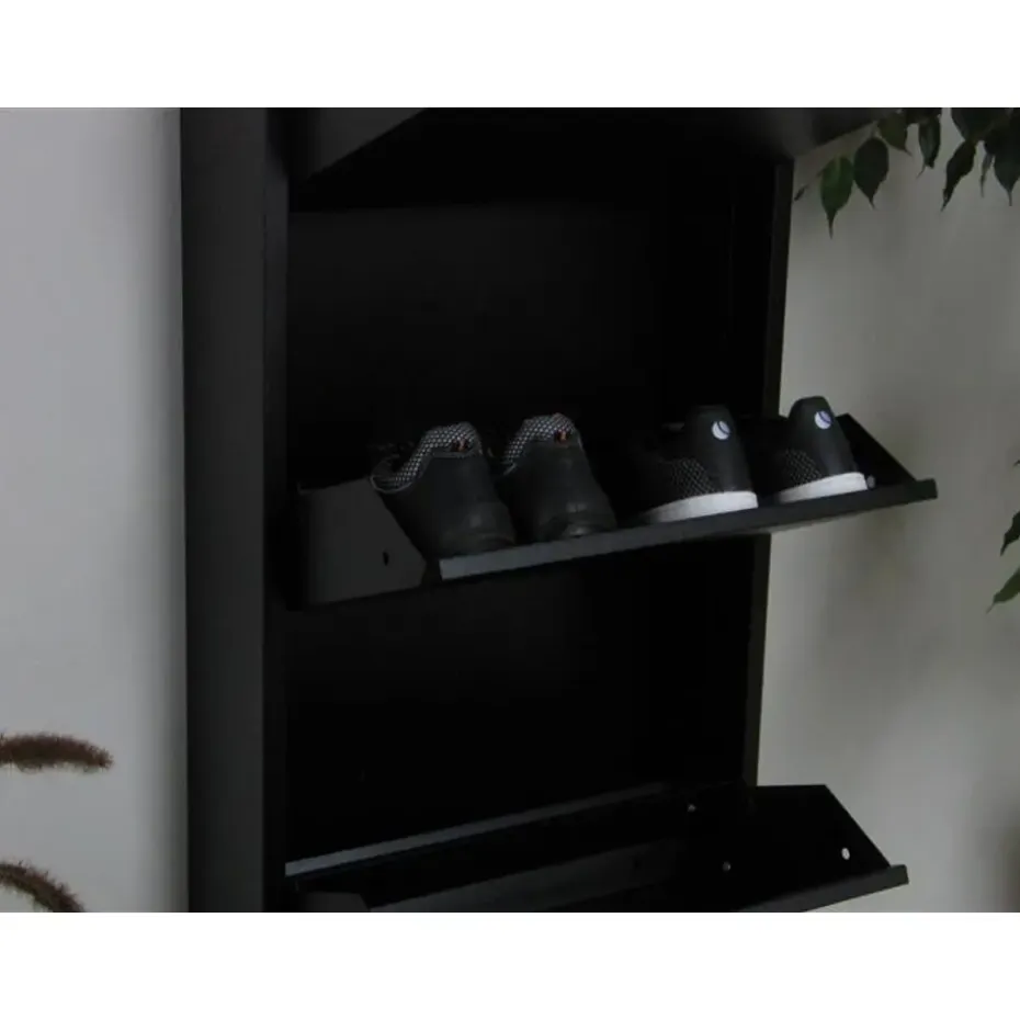 Hioshop Pisa schoenenkast zwart metaal met 4 vakken - set van 3