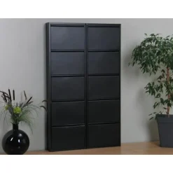 Hioshop Pisa schoenenkast zwart metaal met 5 vakken - set van 2