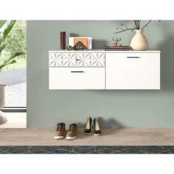 Hioshop Prisma schoenenkast 2 schuifdeuren- 1 vouwdeur- 2 lades- 1 plank wit