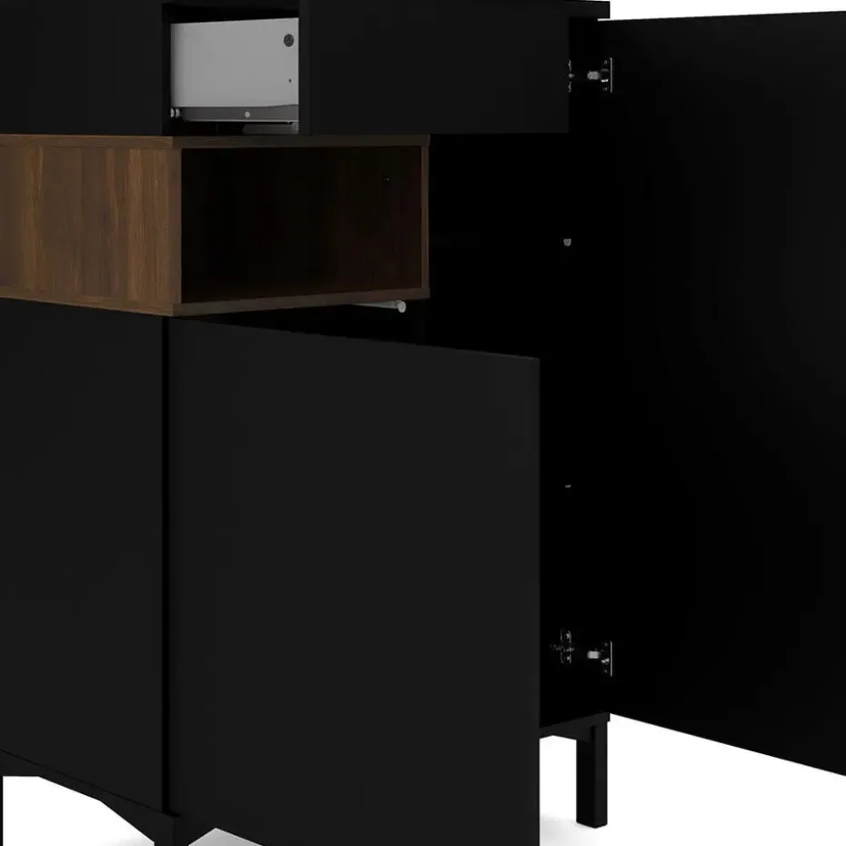 Hioshop Ringe dressoir 2 deuren- 1 lade en 1 vak zwart en walnoot decor