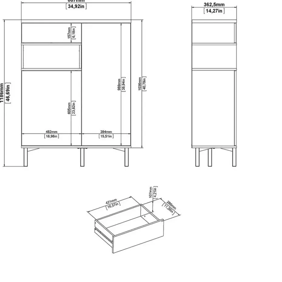 Hioshop Ringe dressoir 2 deuren- 1 lade en 1 vak zwart en walnoot decor