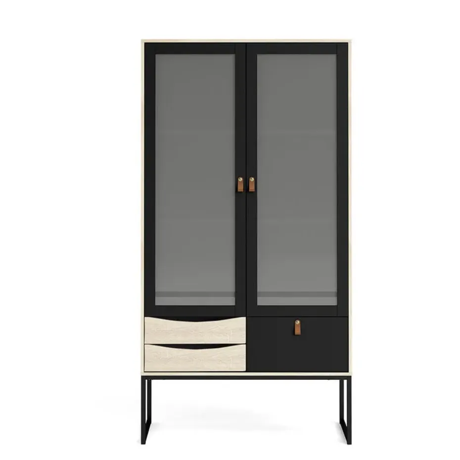 Hioshop Sady vitrinekast 2 glazen deuren- 3 lades mat zwart- eiken decor