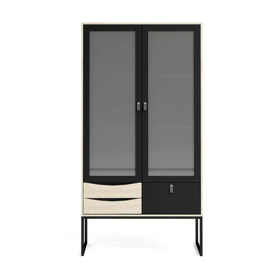 Hioshop Sady vitrinekast 2 glazen deuren- 3 lades mat zwart- eiken decor