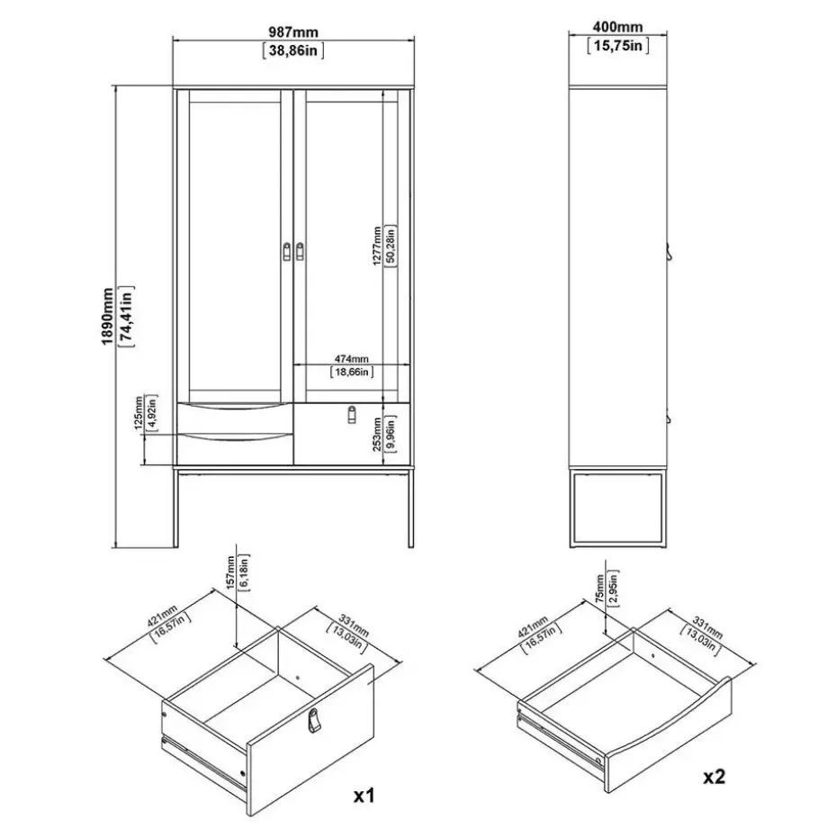 Hioshop Sady vitrinekast 2 glazen deuren- 3 lades mat zwart- eiken decor