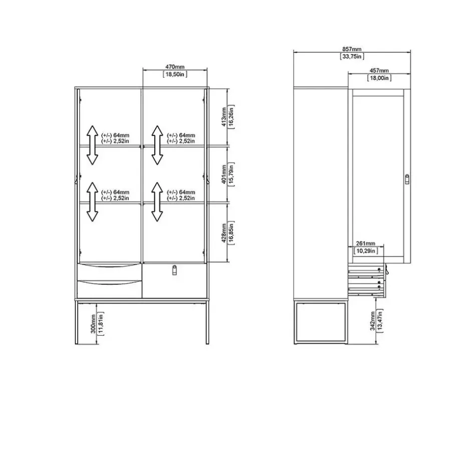 Hioshop Sady vitrinekast 2 glazen deuren- 3 lades mat zwart- eiken decor