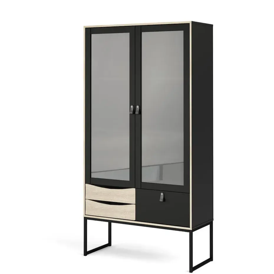 Hioshop Sady vitrinekast 2 glazen deuren- 3 lades mat zwart- eiken decor