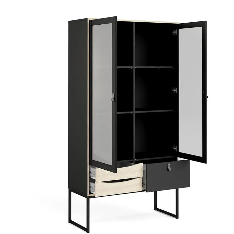 Hioshop Sady vitrinekast 2 glazen deuren- 3 lades mat zwart- eiken decor