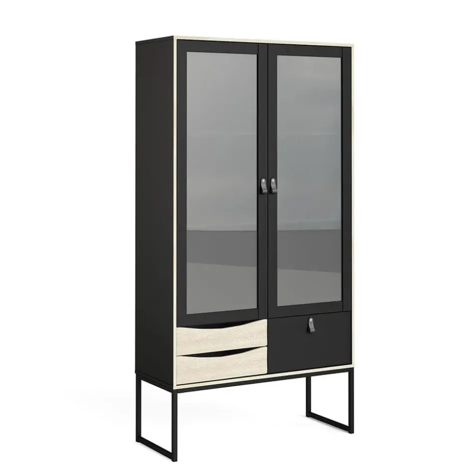 Hioshop Sady vitrinekast 2 glazen deuren- 3 lades mat zwart- eiken decor