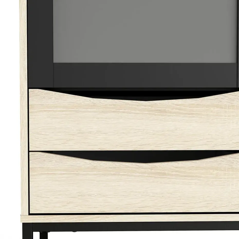 Hioshop Sady vitrinekast 2 glazen deuren- 3 lades mat zwart- eiken decor