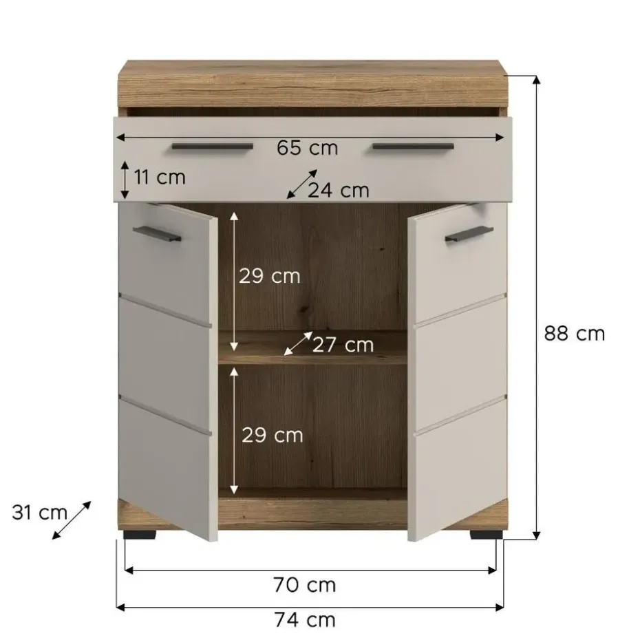 Hioshop Scout badkamerkast 2 deuren- 1 lade kasjmier decor mat- eiken decor