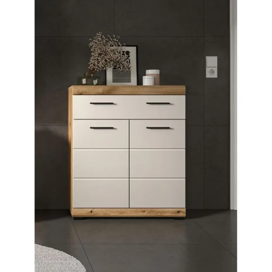 Hioshop Scout badkamerkast 2 deuren- 1 lade kasjmier decor mat- eiken decor