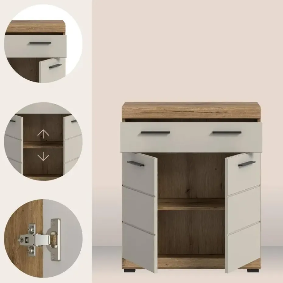 Hioshop Scout badkamerkast 2 deuren- 1 lade kasjmier decor mat- eiken decor