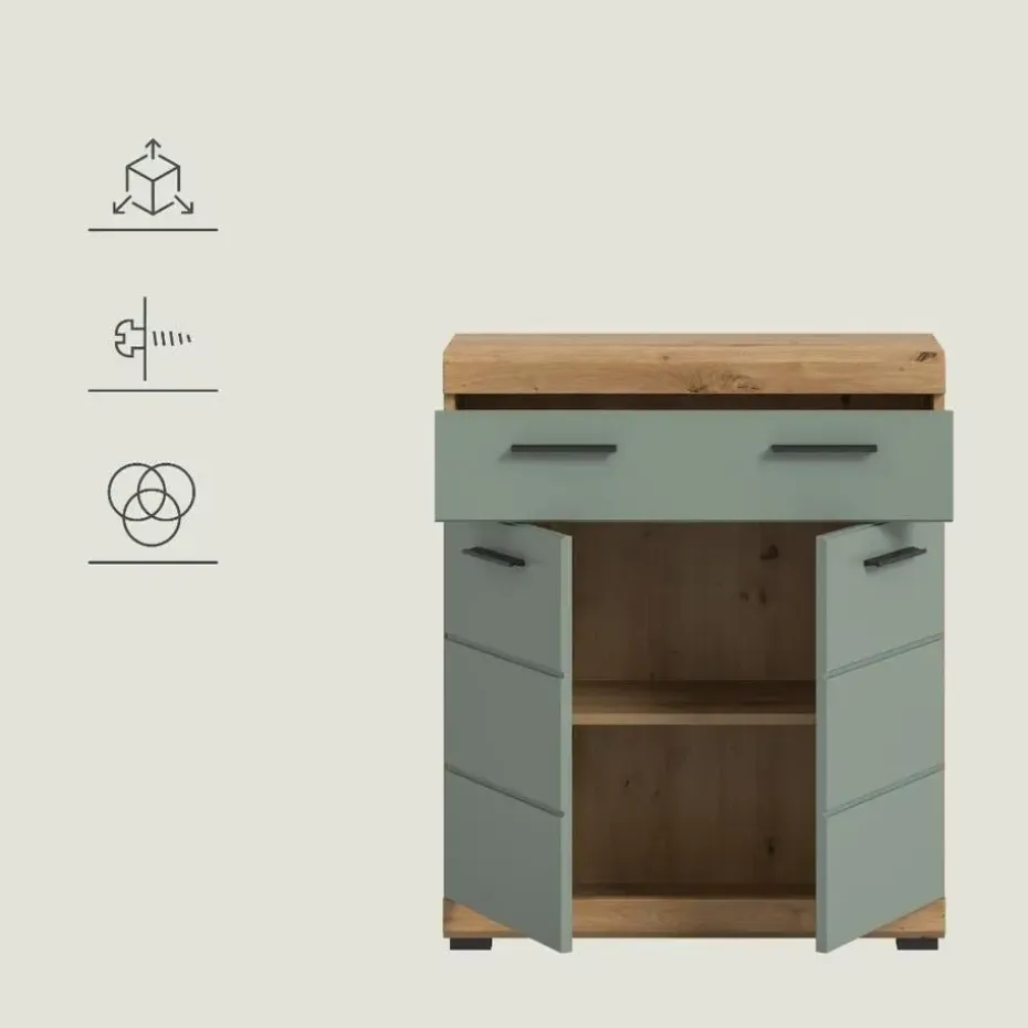 Hioshop Scout badkamerkast 2 deuren- 1 lade salvie decor- eiken decor