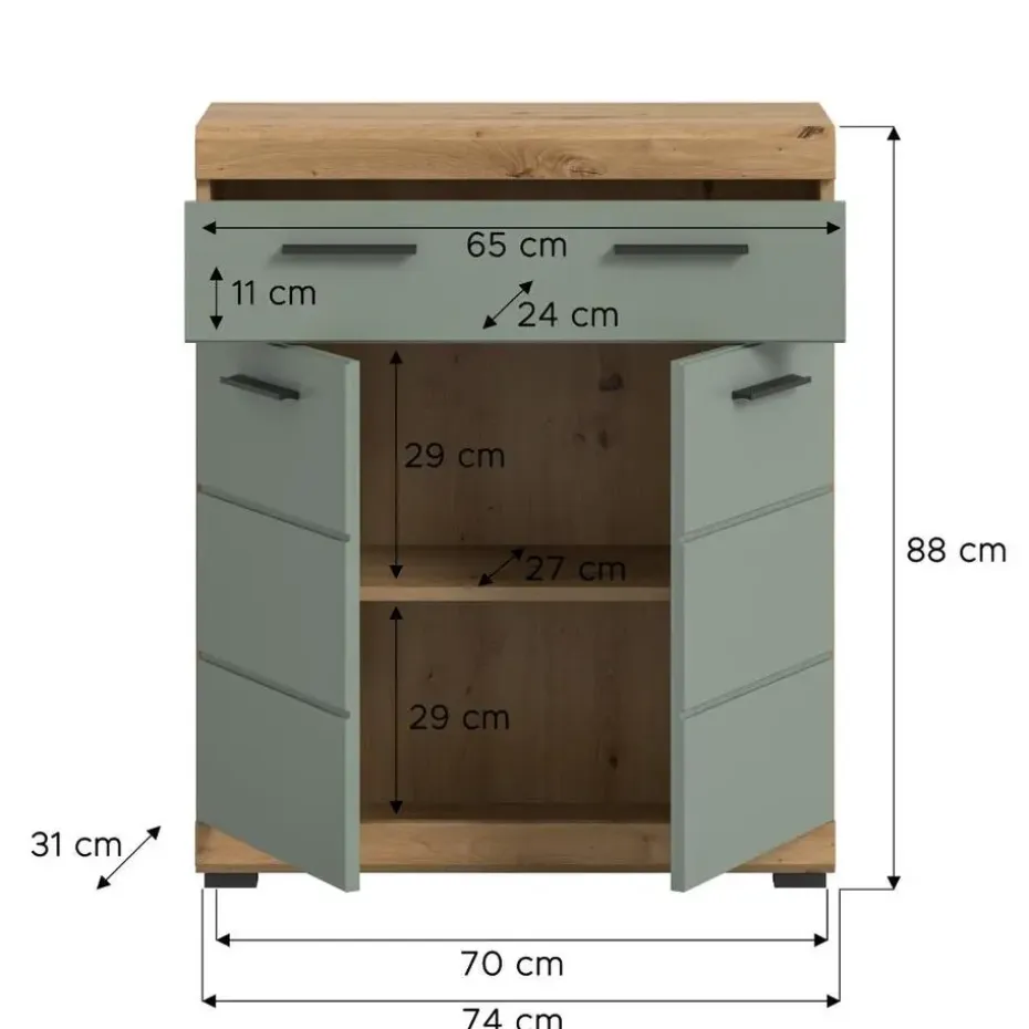 Hioshop Scout badkamerkast 2 deuren- 1 lade salvie decor- eiken decor