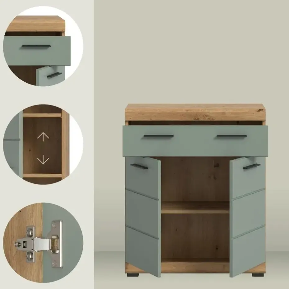 Hioshop Scout badkamerkast 2 deuren- 1 lade salvie decor- eiken decor