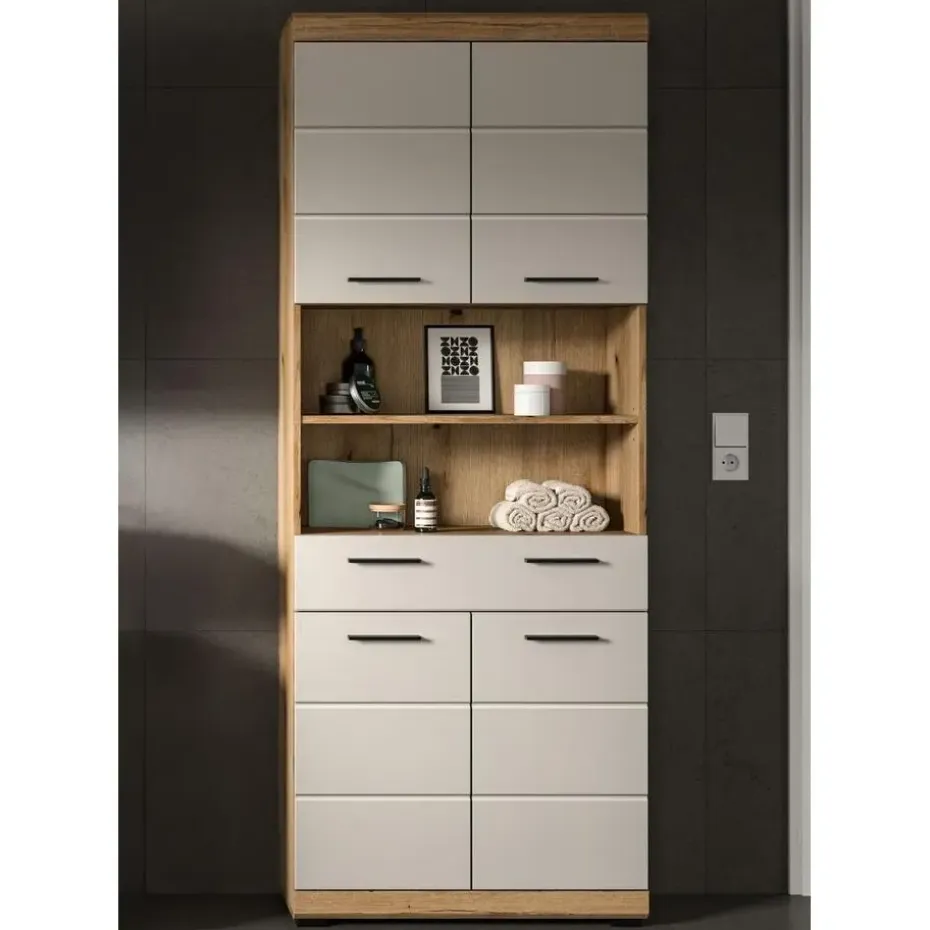 Hioshop Scout kolomkast 4 deuren- 1 lade- 2 planken kasjmier decor mat- eiken