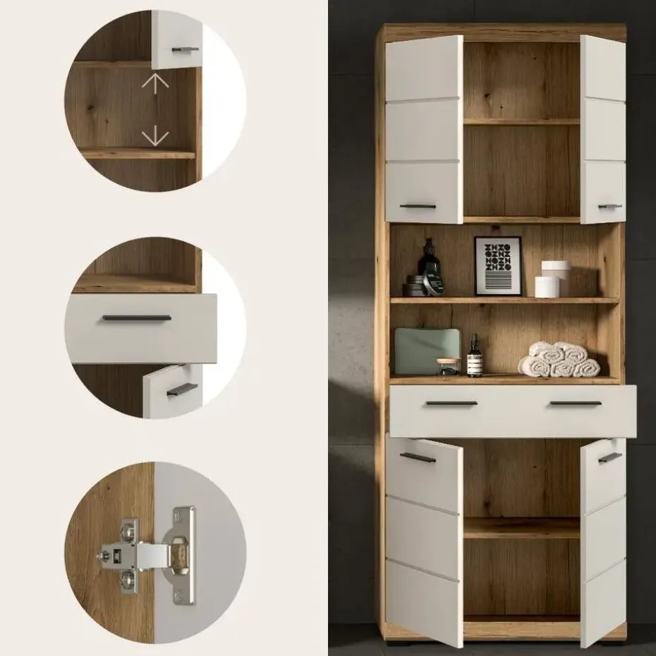 Hioshop Scout kolomkast 4 deuren- 1 lade- 2 planken kasjmier decor mat- eiken