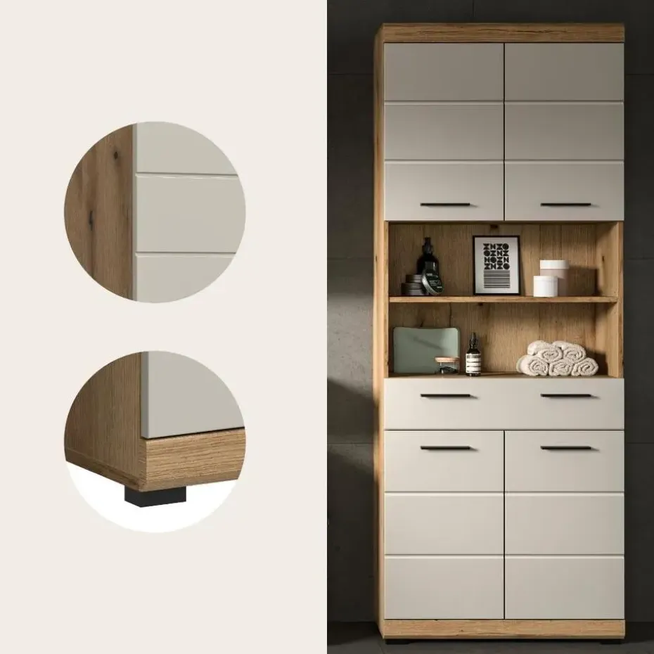 Hioshop Scout kolomkast 4 deuren- 1 lade- 2 planken kasjmier decor mat- eiken