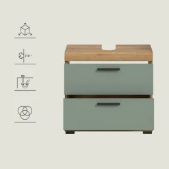 Hioshop Scout wastafel 2 deuren- 2 lades- 2 planken salvie decor- eiken decor