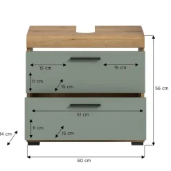 Hioshop Scout wastafel 2 deuren- 2 lades- 2 planken salvie decor- eiken decor